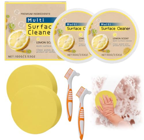 2 Stück Magic Shine Reiniger100g Magic Shine,Universalreiniger mit Zitronenduft,Starke und Schonende Reinigung,Kann Stein,Edelstahl,Duschtüren,Herdplatten,Reinigungsschwämme*2+Reinigungsbürsten*2