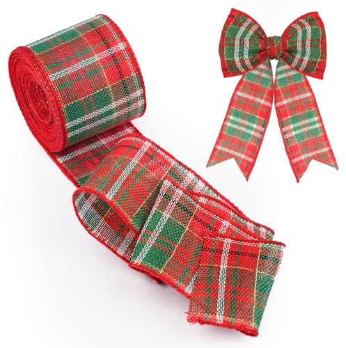 Weihnachten Juteband,6cm Breit Geschenkband mit Rot Grün Kariert und Drahtkanten, 10M Weihnachtsbänder zum Basteln, Schleifenband Weihnachts Dekorativ für Verpackung, Weihnachtsbäumen, Kranz Deko