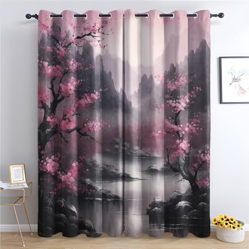 QEODAH Kirschblüte Vorhänge Japanische Landschaft Asiatische Verdunklungsvorhänge, Vorhang Blickdicht Gardinen mit Ösen, Schlafzimmer Wohnzimmer Deko, Thermovorhang 2er Set H 137 x B 117 cm