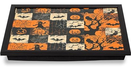 matop Halloween Cushioned Serving Tray for Eating on Lap, 32×43×5.5cm, Bean Bag Base, TV Dinner Tray for Sofa & Bed – Vintage Pumpkin/Haunted House/Ghost Parade Design (brown)