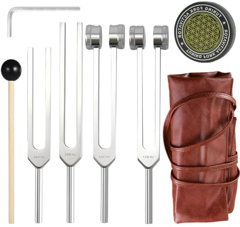 Lwuey Stimmgabel Set,128Hz, 136Hz, 256Hz, 384Hz Stimmgabeln zur Heilung | Weighted & Unweighted Stimmgerät mit Hammer, Aktivator, Beutel | fur Chakra-balance, Meditation, Entspannung, Yoga