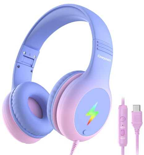 Cowyawn Kinder-Kopfhörer mit LED-Lichtern, USB-Typ-C-Kid-Kopfhörer mit Mikrofon, Lautstärkenbegrenzung 85/94 dB, Over-Ear-USB-C-Kopfhörer für Jungen/Mädchen/Schule/Tablet/Reisen/iPad/iPhone, Violett