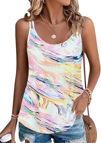 PLOKNRD Damen Top Spaghetti Träger Ärmellos Sommer Locker Oberteile | Luftige Tanktops, Rundhals-Blusentop aus weichem, leichtem Stoff, geschwungener Saum. Vielseitig für Alltag, Strand & Urlaub