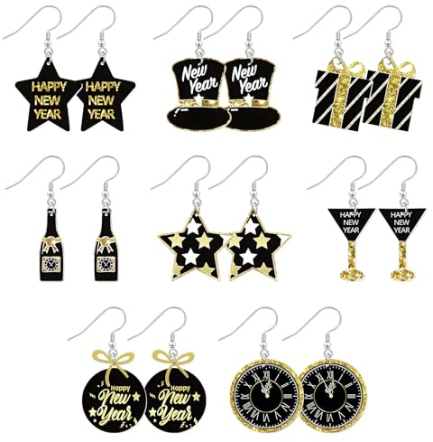 8 Paar Happy New Year Ohrringe Silvester 2026 für Damen Stern Champagnerflasche Uhr Weinglas Hängende Neujahrsohrringe Acrylic Tropfen Ohrringe Schmuck für Weihnachten Kostümparty Feiertag Festlicher