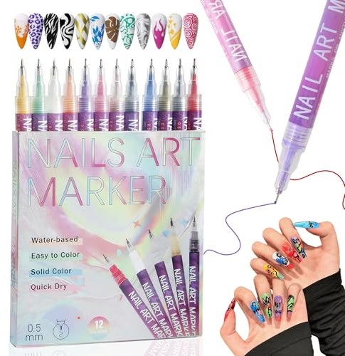 Briocht 12 Colours Nail Art Pens Set – Quick-Dry Nail Art Markers with 0.5mm Precision Tip, 3D Point Graffiti Dotting Pen for Home Salon Quickly DIY Nail Art，for Beginner-Friendly and Women Girls
