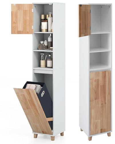 LIFEZEAL Badezimmerschrank, Hochschrank mit Wäschekorb & Regal, Schmaler Badschrank mit offenen Fächern, Mehrzweckschrank Aufbewahrungsschrank für Badezimmer, Wohnzimmer