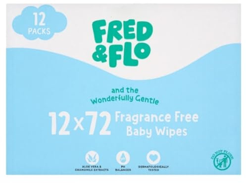 Bizzal Fred & Flo Biodegradable Fragrance Free Baby Wipes, 72 Wipes per Pack, 12 Pack, Plant Based Fibres (Total 864 Count)
