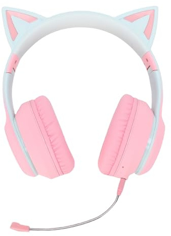 Plyisty Bluetooth Cute Cat Ear Gaming Headset, Wireless Over-Ear Headphone with LED Light 3.5mm AUX Cable Detachable Microphone Foldable for Teenagers and Adults (Pink)