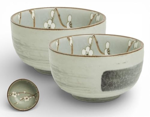 Matcha Bowl aus Porzellan – Made in Japan – 400 ml – Japanische Matcha Schale für Tee – Tee-Becher, Tasse, pflegeleicht - verschiedene Designs und Setgrößen (Hana – hellgrüne Glasur / Blüte (2er Set))