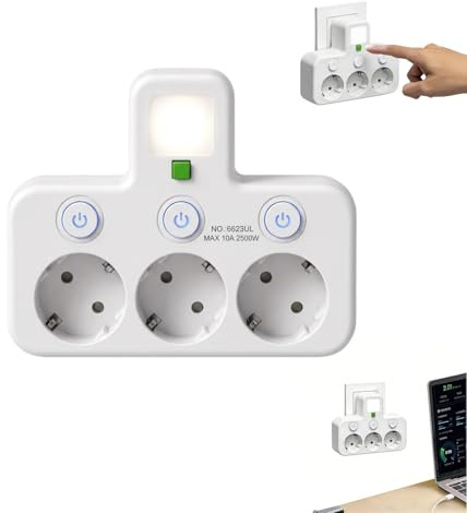 Kabellose Steckdosenleiste, mit Nachtlicht multifunktionale Adaptersteckdosenleiste, einzelne Schaltersteuerung, 2/3/4/5 Steckplätze + 1 Type-C + 2 USB-Port (Weiß,3er ohne USB)