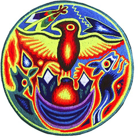 ImZauberwald Huichol Adler Aufnäher (20cm, UV Orange Schwarzlicht aktiv, goa patch, handgestickt ohne PC) psychedelic Peyote Meskalin Schamane