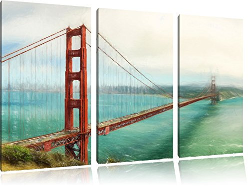 Pixxprint Golden Gate Bridge, Leinwandbild 3 Teilig, Gesamtmaß: 120x80cm, Wandbild, Dekoration, fertig gespannt, Kein Poster
