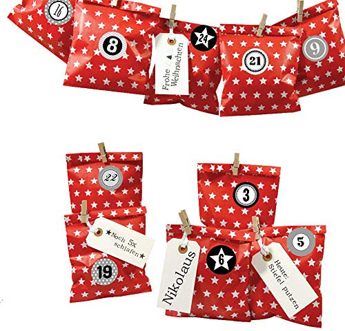Frau WunderVoll® DIY ADVENTSKALENDER BESCHERUNG zum Befüllen, rot Stern, Ziffern grau, Papiertueten flach 13x16,5cm / Weihnachten, Papiertüten, Kinder, Zahlen, Geschenkbeutel, Aufkleber