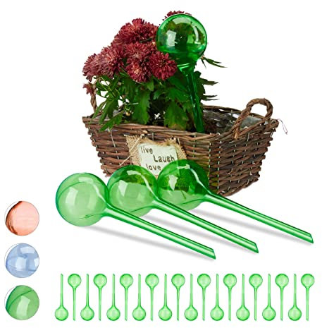 Relaxdays Globes d’arrosage en Plastique, Lot de 24, Distributeur Eau Plantes, 2 semaines, Pot Fleurs, Boules arrosage, Vert