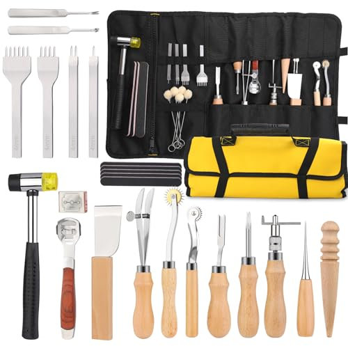 Lederhandwerkswerkzeuge, Lederarbeitsset, Werkzeugset mit Zinkenstanzer, Hammer, Nähgroover, Lederscherier für Lederherstellungsprojekte