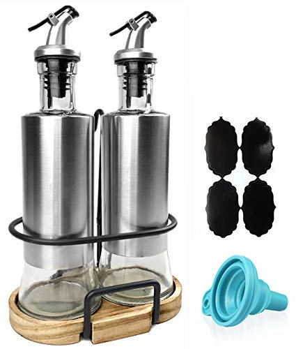 upra Olive Oil and Vinegar Bottle Set, 2-piece Olive Oil Container Set with Rack and Wooden Base, 10.3 Oz Olive Oil Dispenser|No-Drip Double Spouts|Dishwasher-Safe Glass Cooking Oil Cruet Bottles