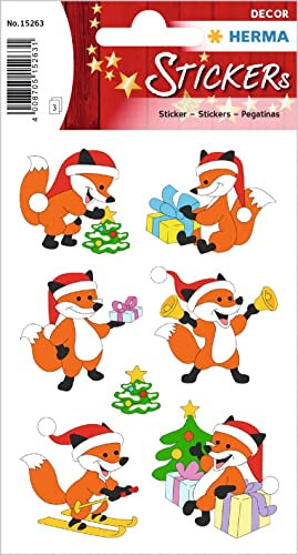 HERMA 15263 Aufkleber Winterfuchs, 18 Stück, Weihnachten Sticker mit lustigen Fuchs Tiere Motiv, Kinder Etiketten für Weihnachtsdeko Geschenke Adventskalender Winter Dekoration Briefe DIY Basteln