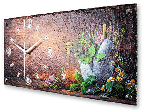 Designer-Wanduhr Kräuter aus Stein mit Zeigern aus gebürstetem Aluminium - Designeruhr aus Stein mit flüsterleisem Uhrwerk (Wiesen-Kräuter, leises Funkuhrwerk)