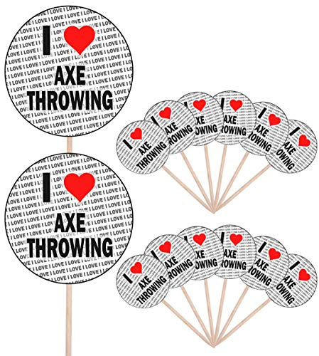 AK Giftshop I Love Axe Throwing - Party Food - Cake Cupcakes - Picks Sticks - Food Flags - Stand Up Decorations Toppers (14 Pack)