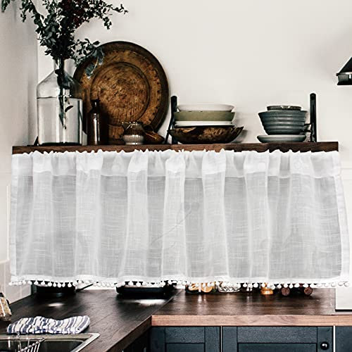 choicehot Baumwolle Leinen Scheibengardine Weiß Kurzgardine Halbtransparent Bistrogardine mit Weiße Balls Gardinen Küche Vorhänge Unifarbige Fensterschal Lichtfilterung 60×150cm(H×B) 1 Stück