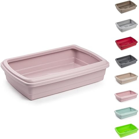 Large Cat Litter Tray, Open Top Litter Box with Removable Rim & Scoop | Cat Toilet Pan, Pink