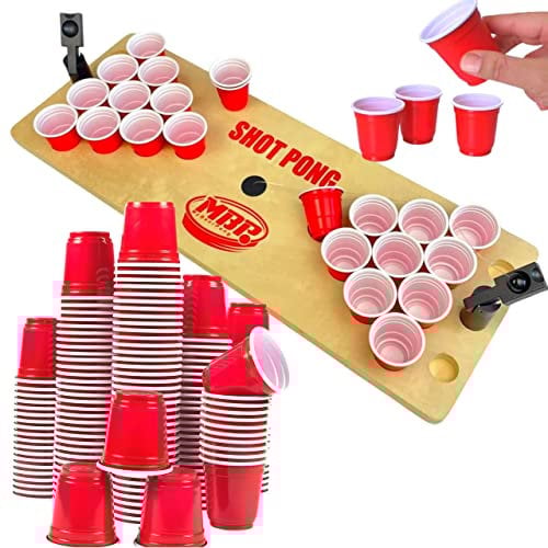 MYBEERPONG® XXL Shot Pong Bierpong Partyset mit 72 Red Shotcups + 2 Balllauncher | Trinkspiel für Erwachsene ab 18 | Lustige Party Spiele, Mini Pong als Party Gadget für Geburtstag & Festival