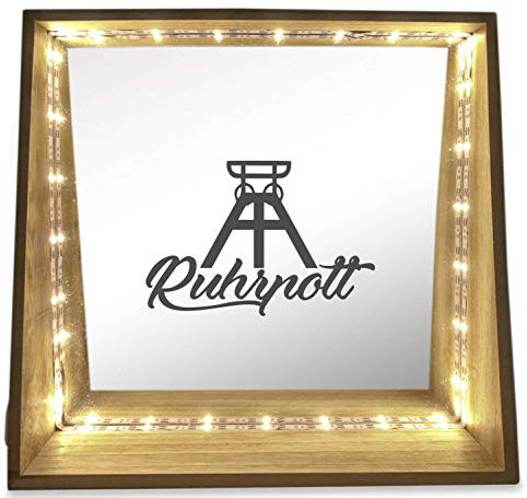 WB wohn trends Deko-Leuchte LED-Spiegel aus Holz mit Motiv, Ruhrpott Förderturm Ruhrgebiet, 24x23x8cm, Deko-Spiegel Licht LED-Lampe mit Text Spruch