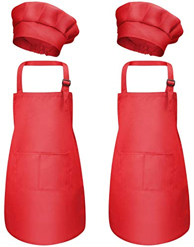 4 Piezas Rojo Niños Delantal y Gorro de Cocinero, Ajustable Infantil Delantales con Bolsillos para Niñas, Niñito Delantal de Chef Cocina para Cocinar Hornear Pintura Artesanía (M para 3-6 Años)