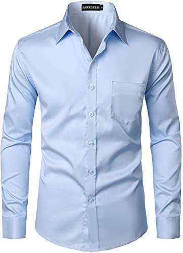 PARKLEES Chemise boutonnée élégante à coupe ajustée, manches longues et poche, style urbain, décontracté ou affaires, pour hommes, bleu ciel, S