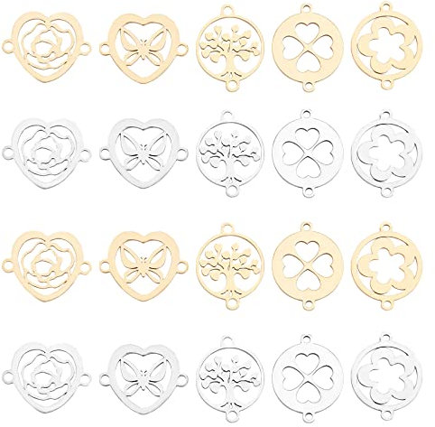 SUNNYCLUE 1 Scatola 20 Pezzi 5 Stili Connettori in Acciaio Inox Charms Albero della Vita Links Hollow Rose Flower Cuore Farfalla Trifoglio con Doppi Passanti per Forniture Artigianali