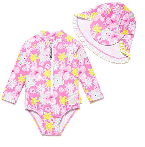BONVERANO Traje de baño de una Pieza para niña, Mangas largas, protección UV 50+ con Gorra(Rosa-Nube,24-36meses…