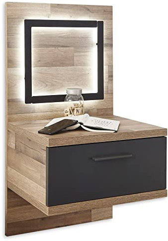 DALLAS Nachttisch in Montana Oak Optik, Graphit - Moderner Nachtschrank mit LED-Beleuchtung für das Jugendzimmer - 50 x 94 x 40 cm (B/H/T)