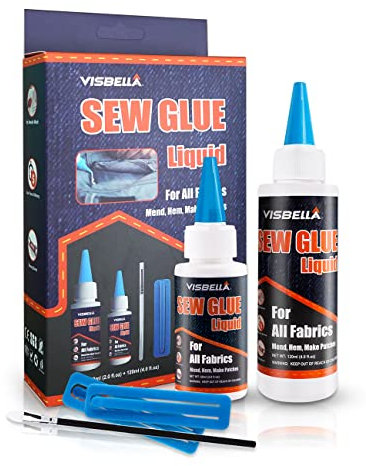 Visbella 1 Min Fast Drying Liquid Stitch Fabric Adhesive Glue Strong Bond Clear Drying Waterproof Sew Glue Permanent Washable for Repair, Make Patches on Clothes, Denim, Leather, Flannel, All Fabrics