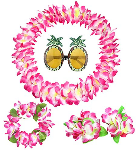 XEPST Hawaiian Party Supplies Set, Pink Hawaiian Flower Lei with Pineapple Sunglasses, Headbands, Necklace and Wristbands, Silk and Polyester Material, Round Shape