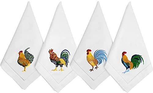 HCRAFT Bestickte Baumwollservietten, Stoffservietten-Set, 4 Stück, 45.7x45.7 cm, Huhn-Servietten, quadratischer Stoff, Esszimmer, Servietten, Baumwolltuch-Servietten mit Hohlsaum, tolles Geschenk