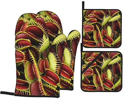 Fleischfressender Pflanzen-Ofenhandschuh und Topfregal, 4er-Set, hitzebeständig und stabil, geeignet für Küche, Kochen, Backen, Grillen usw.