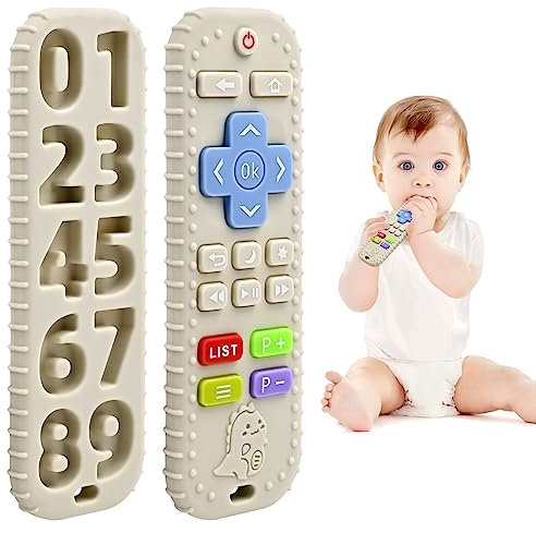 Zahnen Beißringe Spielzeug für Babys 0-6-12 Monate Geschenke, Fernbedienung Baby Zahnungshilfe für 3 6 9 Monate Kleinkind Autismus, Lebensmittelqualität Silikon Badespielzeug, Beige