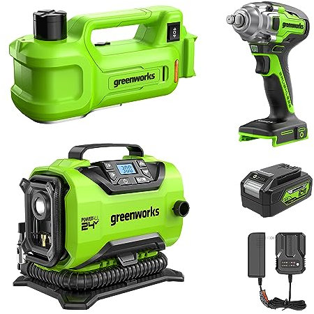 Greenworks 24V 3-pcs Power Tool Combo Kit: 24V Cordless Car Jack,Tire Inflator, Impact Wrench, Includes 4.0Ah Battery & Charger
