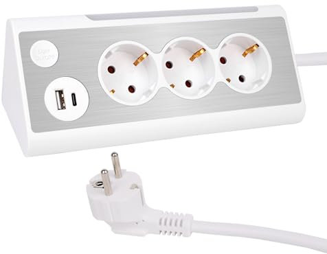 JIMEIDA 3-Fach Mehrfachsteckdose Mit USB Weiß Steckdosenleiste mit USB A und Type C(max 5V/3A) Mit LED-Nachtlicht (mit Touch Schalter) Multifunktionale (Weiß, USB-A und Type-C)