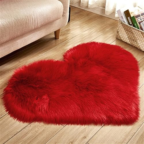 GIBZ Flauschig Herz Teppich Hochflor Shaggy Teppiche Heimdekoration Kleine Matte für Schlafzimmer Nachttisch Wohnzimmer, Rot, 60x70cm