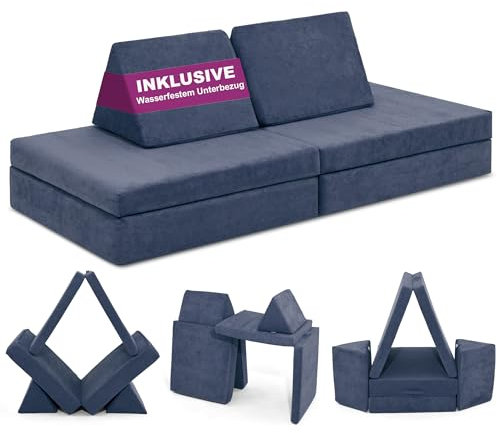 Linodino® Spielsofa | Kindersofa aus Schaumstoff Bausteine - Spielsofa für Kinder & Kuschelecke im Kinderzimmer [OHNE Harte Teile] 10 Farben zur Wahl | Drachenschuppen Blau