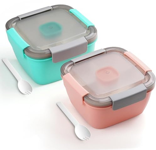 Winter Shore Boite a Salade avec Compartiments (Lot de 2) - Lunch Box en Plastique avec Couvercle, Plateau, Récipient à Sauce - Boite Repas pour Légumes, Garnitures, Sauce, Fruits - Rose & Vert