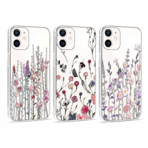 Foonary 3 Stück Hülle für Apple iPhone 12 Mini 5,4, Handyhülle mit Muster Mädchen Aesthetic Blumen Muster Motiv Design Case, Silikon Schutzhülle Cover für iPhone 12 Mini,Blumen01