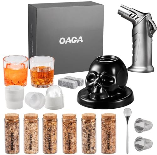 Kit fumoir à whisky avec torche – 21 ensembles – 6 saveurs de copeaux de bois – Bourbon, kit d'infusion à cocktail, kit de fumoir de boisson à l'ancienne, cadeau d'anniversaire pour homme, papa, mari