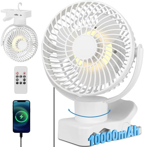 360° Oscilación Ventilador Pinza con Mando a Distancia - 10000mAh Portatil Recargable USB Ventilador de mesa - Silencioso Mini Clip Ventilador Camper 4 Niveles & Temporizador - luz LED- 75H - Ø17.5cm