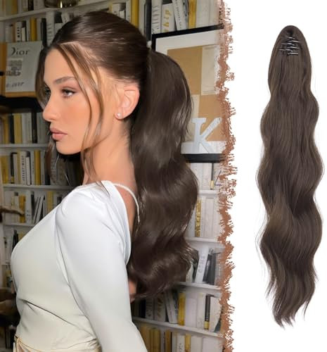 FESHFEN Pferdeschwanz Extensions Klammer, 50 cm Hair Extensions Zopf Lang Pferdeschwanz Haarteil Clip Gewellt Extensions Zopf Pferdeschwanz Haarverlängerung für Frauen Mittelkastanienbraun