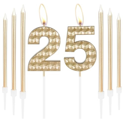 Champagne Gold 25th Birthday Decorations - Number 25 Candles for Girls & Boys, Happy Birthday Cake Topper