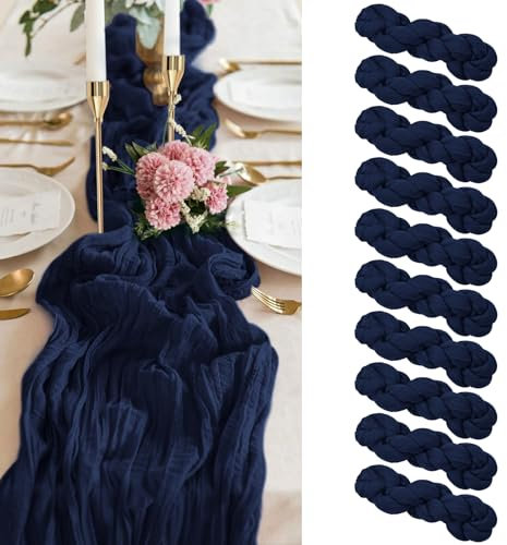 Pesonlook 10 Stück marineblaue Käsetuch-Tischläufer, 3 m Lange Gaze-Tischläufer, Käsetuch-Stoff, halbdurchsichtiger Tischläufer für Hochzeitsempfang, rustikale Boho-Hochzeit, Brautparty