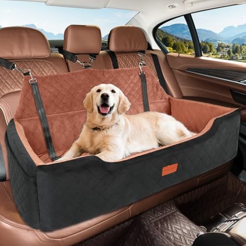 HEGGCOOE Hunde Autositz für Große Hund unter 100 lbs, Waschbares Hundesitz Auto für 2 Mittlere Hunde, Abnehmbar Autositz Hund mit 2 Sicherheitsleinen, Hundebett Auto rückbank-schwarz/braun
