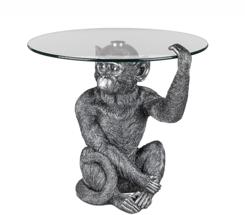 formano Table d'appoint décorative en forme de singe - Argenté vieilli - 58 cm - En pierre artificielle - Avec plateau en verre - Sculpture - Table basse - Décoration de salon - Table de singe moderne